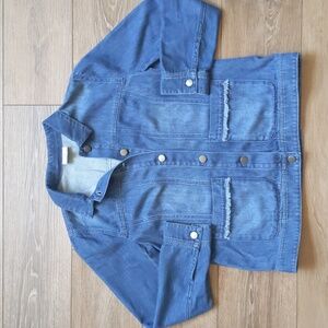 J. Jill Denim Button Down Jacket with‎ Frayed Edge Detail - Medium Wash Jean - S